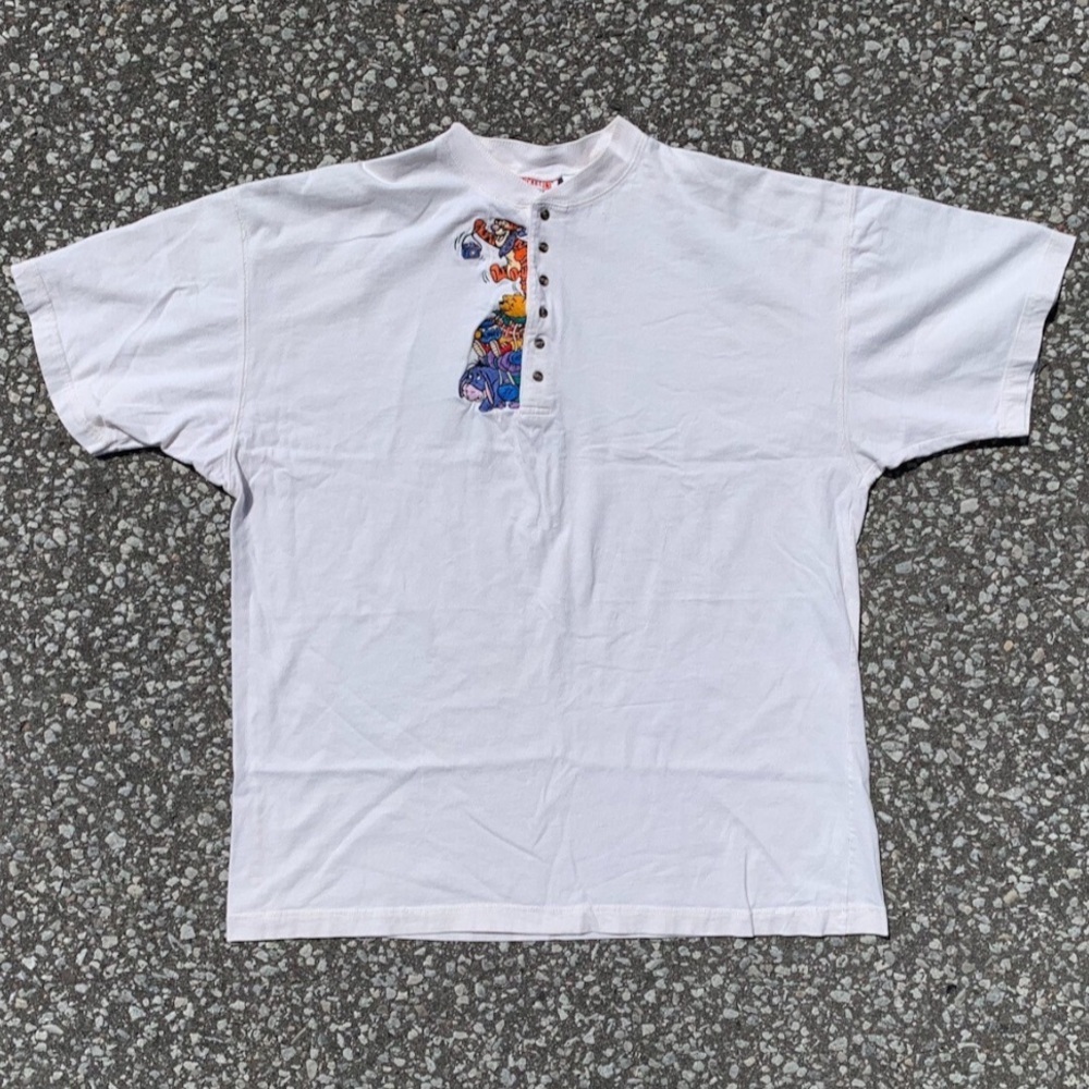 Vtg 90s Disney Winnie The Pooh Mickey Inc Embroidered Henley Cream Unisex (L/XL) - Picture 2 of 5